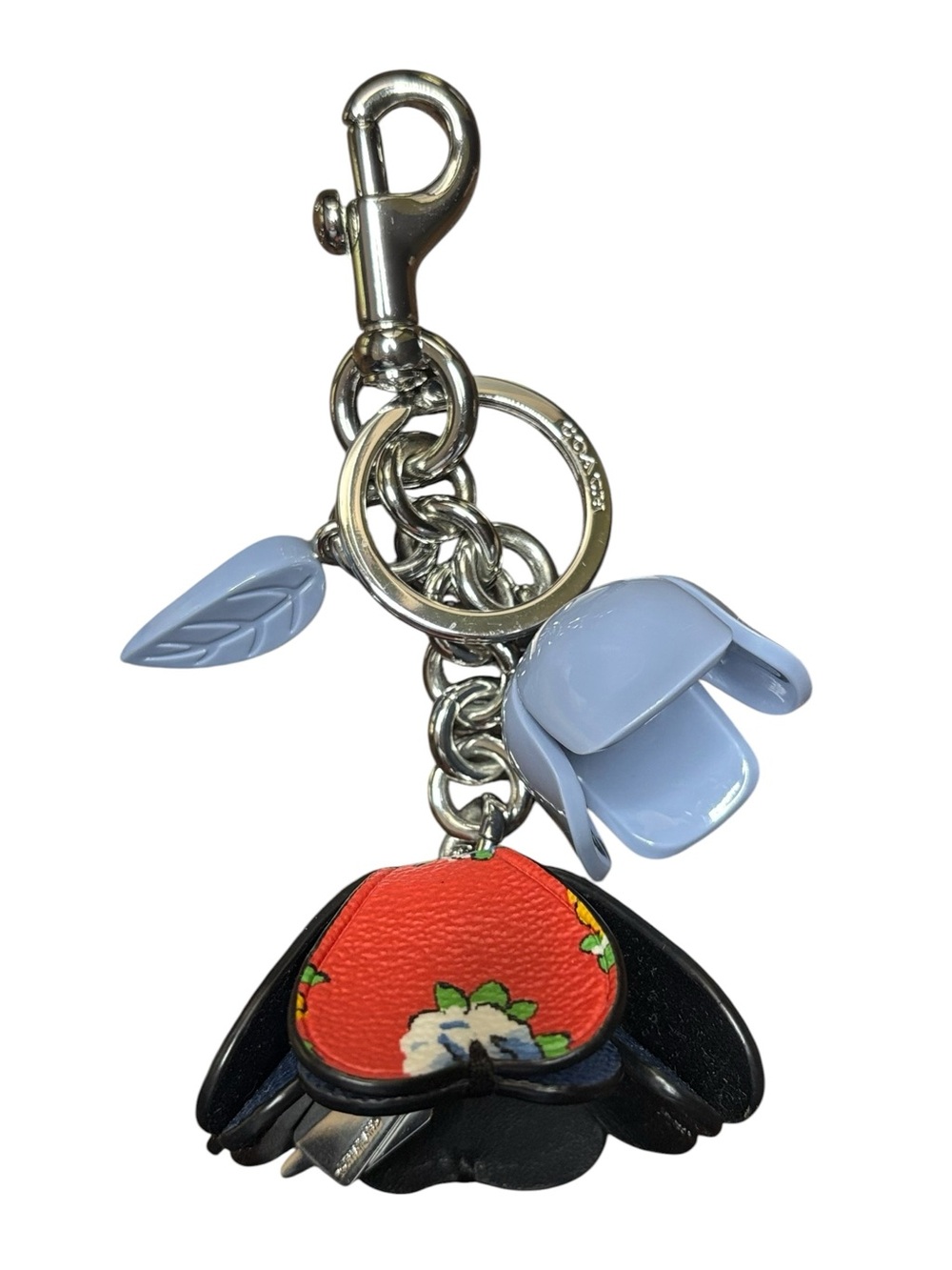 Coach Tea Rose Resin Floral Bag Charm Keychain Blue Red Silver